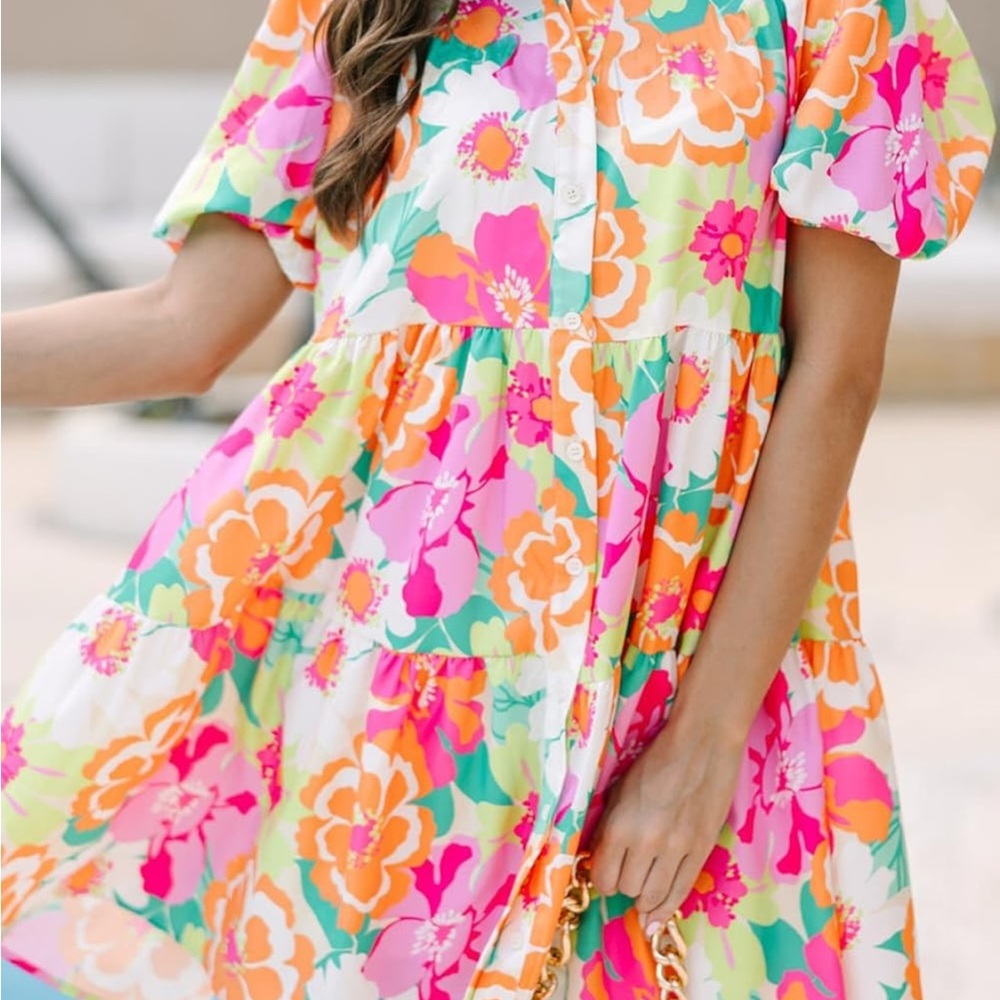 Floral Ladies Dress in Pink, Orange, and Green